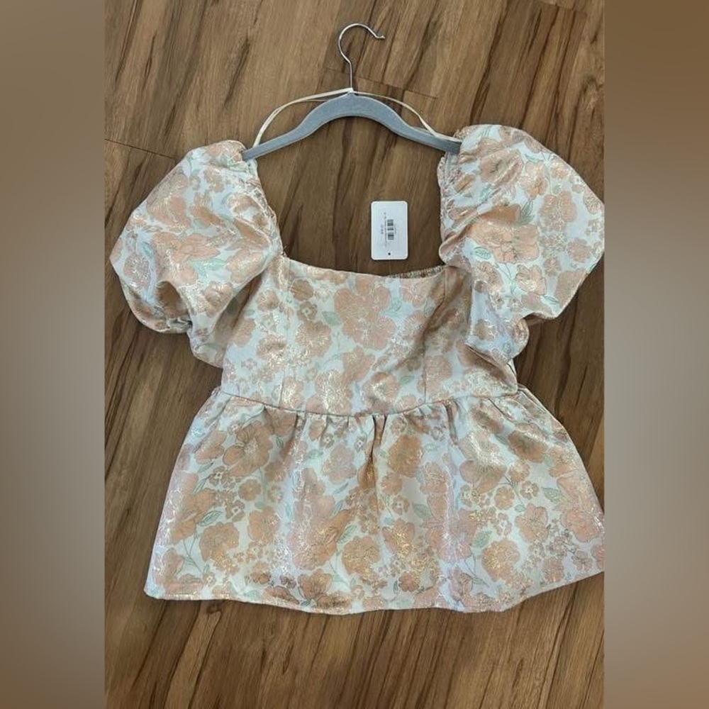 Buddy Love Orange and Cream Puff Sleeve Peplum Blouse